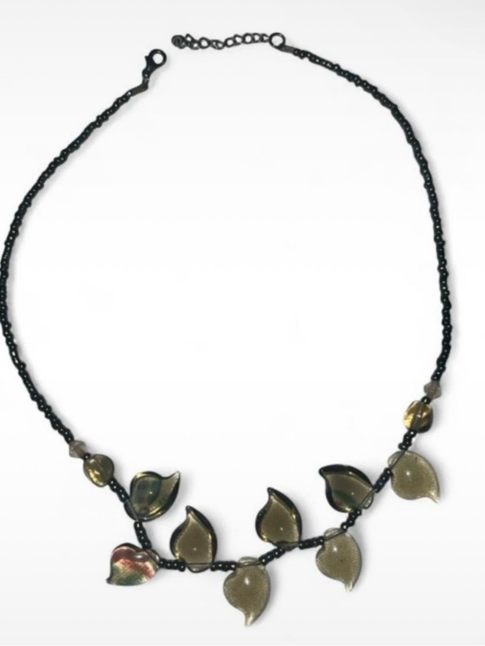 Leaf Pendant Necklace with Black Beaded Chain in Iridescent Gold
